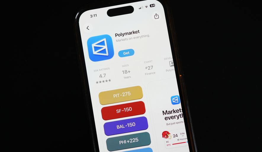 The prediction market app Polymarket is displayed on a mobile phone, April 16, 2026, in Chicago. (AP Photo/Erin Hooley, File)