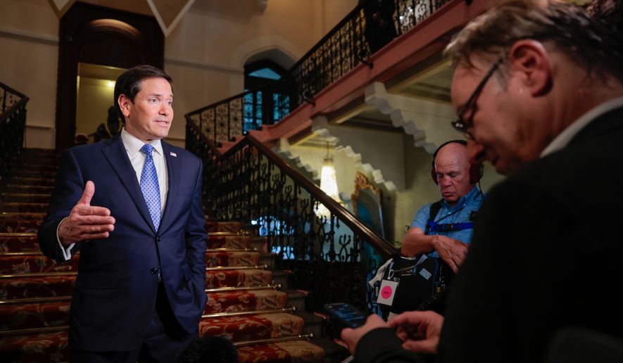U.S. Secretary of State Marco Rubio speaks to the media upon his arrival at the Taj Mahal Palace Hotel in Mumbai, India, on Tuesday, Oct. 20, 2026. (Kylie Cooper/Pool Photo via AP)