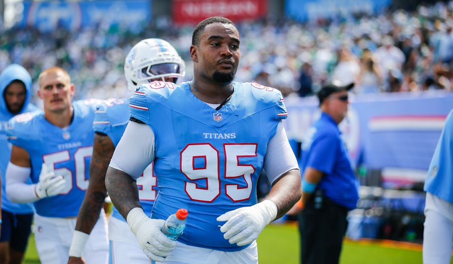 Tennessee Titans defensive lineman Jordan Elliott (95) walks to the locker room at halftime of an NFL football game against the Philadelphia Eagles in Nashville, Tenn., Sept. 20, 2026. (AP Photo/Stew Milne, File)