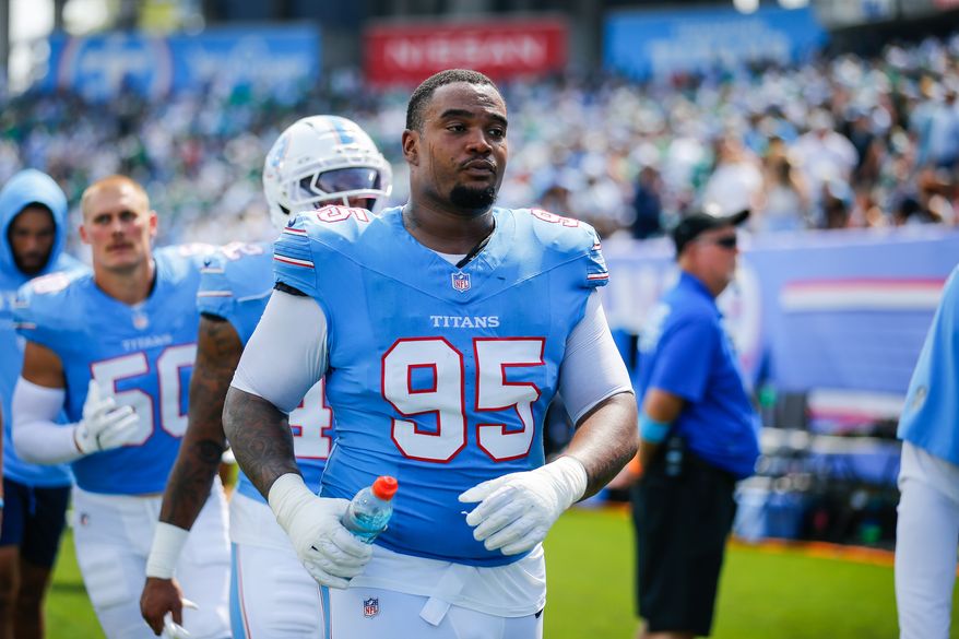Tennessee Titans defensive lineman Jordan Elliott (95) walks to the locker room at halftime of an NFL football game against the Philadelphia Eagles in Nashville, Tenn., Sept. 20, 2026. (AP Photo/Stew Milne, File)