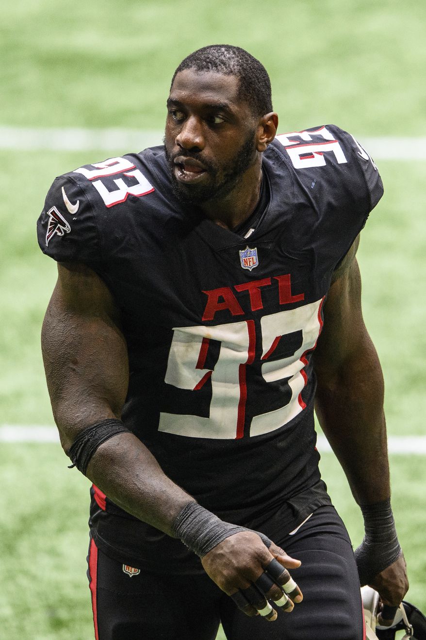 Atlanta Falcons defensive end Allen Bailey (93) leaves the field after an NFL football game against the Chicago Bears, Sunday, Sept. 27, 2020, in Atlanta. The Chicago Bears won 30-26. (AP Photo/Danny Karnik)