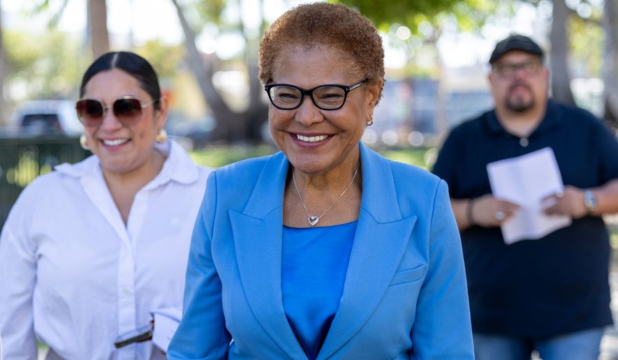 Los Angeles Mayor Karen Bass smiles at guests during a campaign event on Monday, Oct. 19, 2026, in Los Angeles. (AP Photo/Amanda Villegas)
