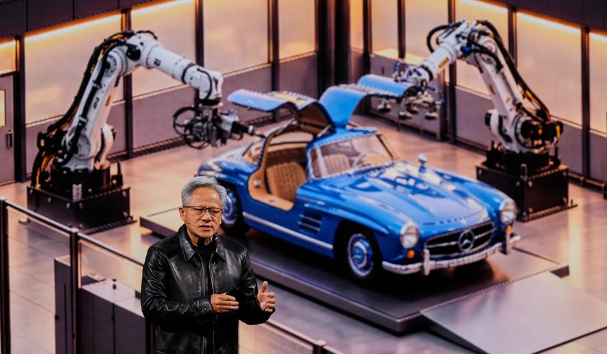 Nvidia CEO Jensen Huang stands near a Mercedes car as he delivers his keynote on the company's GTC event in Berlin, Germany, Wednesday, Oct. 21, 2026. (AP Photo/Markus Schreiber)