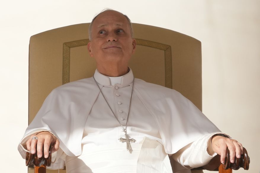 Pope Leo XIV holds his weekly general audience in St. Peter's Square at The Vatican, Wednesday, Oct. 21, 2026. (AP Photo/Gregorio Borgia)