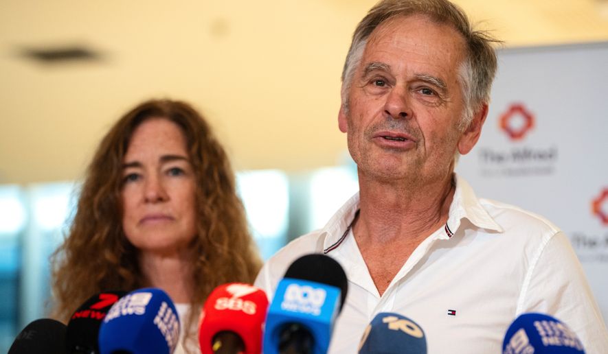 Phil Haines, husband of independent member of parliament Helen Haines, speaks to the media at The Alfred hospital in Melbourne, Australia, Wednesday, Oct. 21, 2026. (AAPImage via AP)