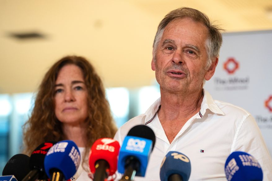 Phil Haines, husband of independent member of parliament Helen Haines, speaks to the media at The Alfred hospital in Melbourne, Australia, Wednesday, Oct. 21, 2026. (AAPImage via AP)