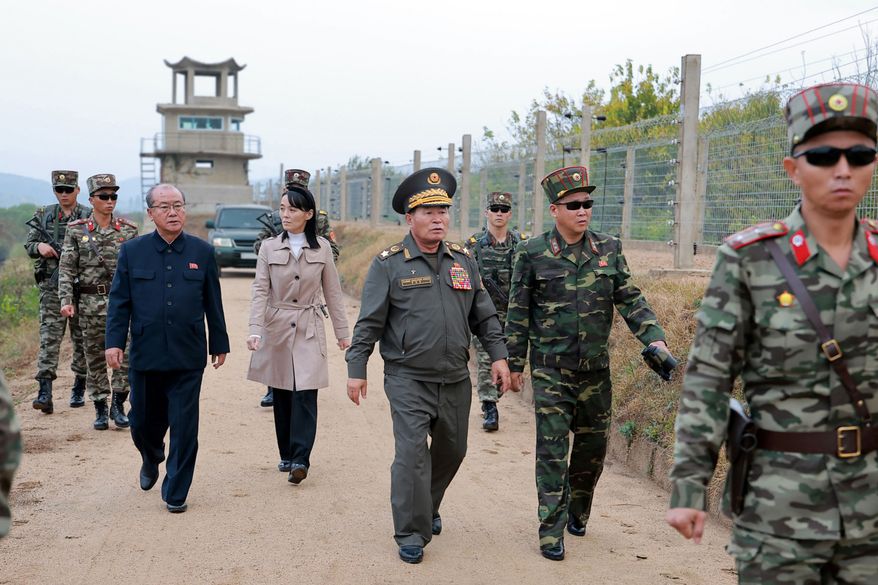 In this photo provided Wednesday, Oct. 21, 2026, by the North Korean government, Kim Yo-jong, center left, sister of North Korean leader Kim Jong-un, visits front-line areas with military officials in North Korea on Tuesday, Oct. 20, 2026. Independent journalists were not given access to cover the event depicted in this image distributed by the North Korean government. The content of this image is as provided and cannot be independently verified. (Korean Central News Agency/Korea News Service via AP)