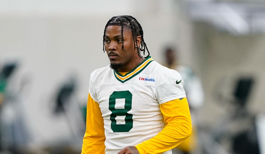 Green Bay Packers running back Josh Jacobs works out during NFL football practice, June 9, 2026, in Green Bay, Wis. (AP Photo/Kayla Wolf, File)