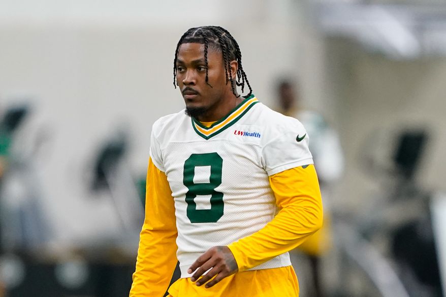 Green Bay Packers running back Josh Jacobs works out during NFL football practice, June 9, 2026, in Green Bay, Wis. (AP Photo/Kayla Wolf, File)