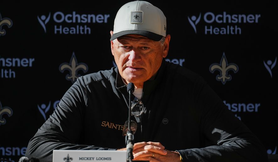 Executive Vice President and General Manager of the New Orleans Saints Mickey Loomis speaks during a press conference after an NFL football practice session in Versailles near Paris, Wednesday, Oct. 21, 2026. (AP Photo/Aurelien Morissard)