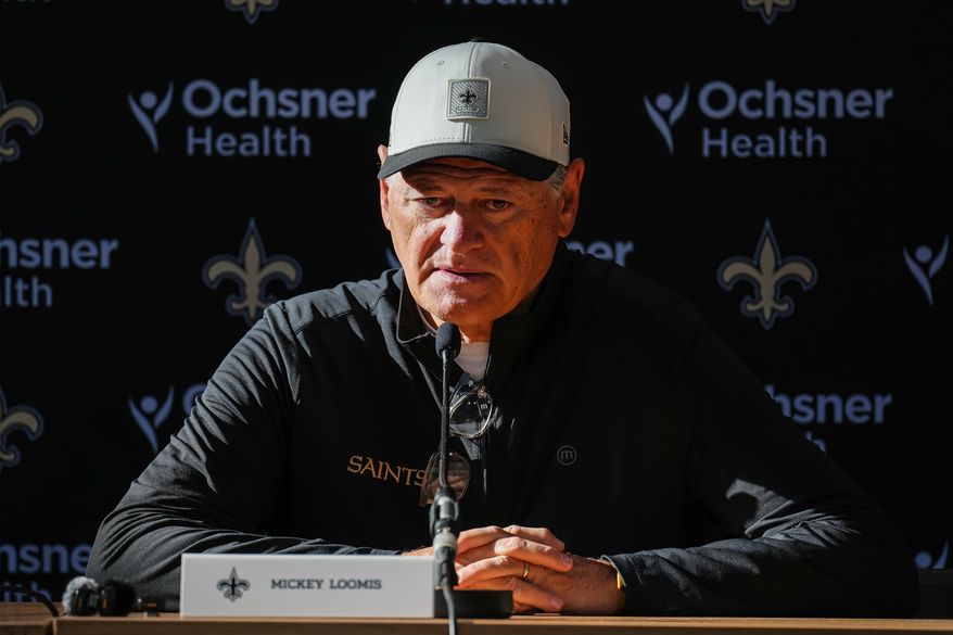 Executive Vice President and General Manager of the New Orleans Saints Mickey Loomis speaks during a press conference after an NFL football practice session in Versailles near Paris, Wednesday, Oct. 21, 2026. (AP Photo/Aurelien Morissard)