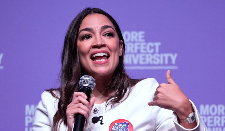 Rep. Alexandria Ocasio-Cortez, D-N.Y., respond to audience question during a "Students vs, Billionaires" campaign stop with Troy Jackson, Democratic candidate for U.S. Senate Thursday, Oct. 22, 2026, in Portland, Maine. (AP Photo/Robert F. Bukaty)