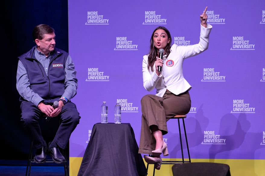 Rep. Alexandria Ocasio-Cortez, D-N.Y., responds to audience question during a "Students vs, Billionaires" campaign stop with Troy Jackson, Democratic candidate for U.S. Senate Thursday, Oct. 22, 2026, in Portland, Maine. (AP Photo/Robert F. Bukaty)