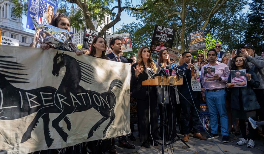 New York City Council speaker Julie Menin speaks during a press conference ahead of the vote to ban horse carriages in Central Park, Thursday, Oct. 22, 2026, in New York. (AP Photo/Yuki Iwamura)