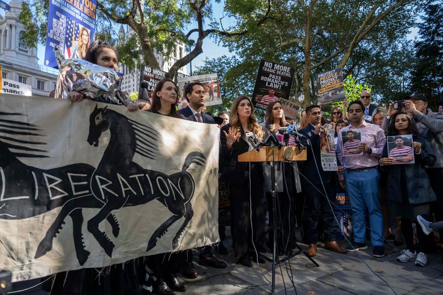 New York City Council speaker Julie Menin speaks during a press conference ahead of the vote to ban horse carriages in Central Park, Thursday, Oct. 22, 2026, in New York. (AP Photo/Yuki Iwamura)