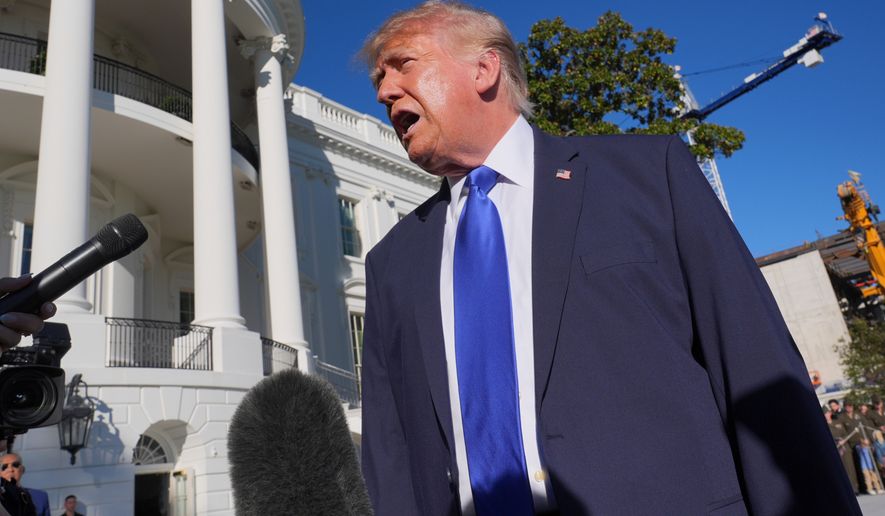 President Donald Trump speaks to reporters before walking to board Marine One on the South Lawn of the White House in Washington, Thursday, Oct. 22, 2026. (AP Photo/J. Scott Applewhite)