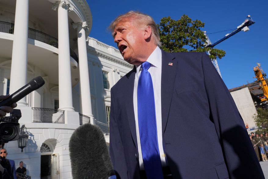 President Donald Trump speaks to reporters before walking to board Marine One on the South Lawn of the White House in Washington, Thursday, Oct. 22, 2026. (AP Photo/J. Scott Applewhite)