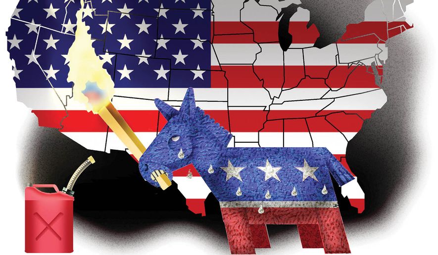 Democrats destroying the United States of America illustration by Alexander Hunter/The Washington Times