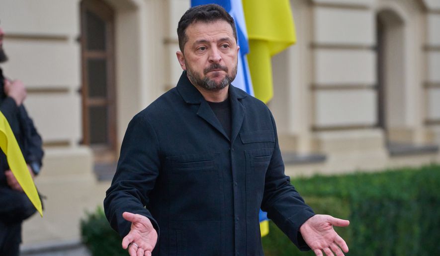Ukraine's President Volodymyr Zelenskyy answers media questions before his meeting with Finnish Prime Minister Petteri Orpo in Kyiv, Ukraine, Thursday Oct. 22, 2026. (AP Photo/Efrem Lukatsky)