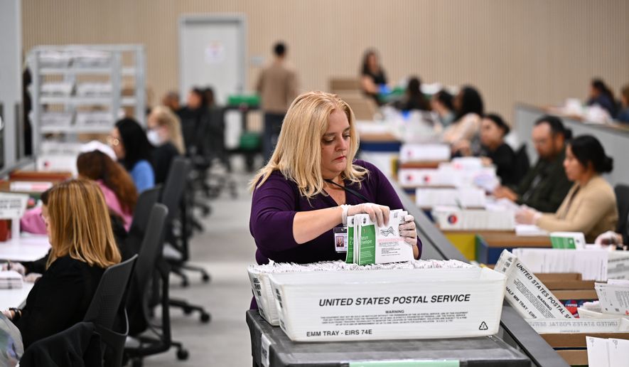 FILE - A worker sorts ballots at the L.A. County Ballot Processing Center during the California primary election, June 2, 2026, in City of Industry, Calif. (AP Photo/William Liang, File)