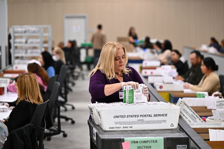 FILE - A worker sorts ballots at the L.A. County Ballot Processing Center during the California primary election, June 2, 2026, in City of Industry, Calif. (AP Photo/William Liang, File)