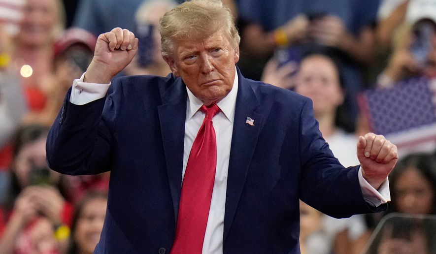 President Donald Trump dances as he departs after speaking during a campaign rally, Friday, Oct. 23, 2026, at Alico Arena on the campus of Florida Gulf Coast University in Fort Myers, Fla. (AP Photo/Chris O'Meara)