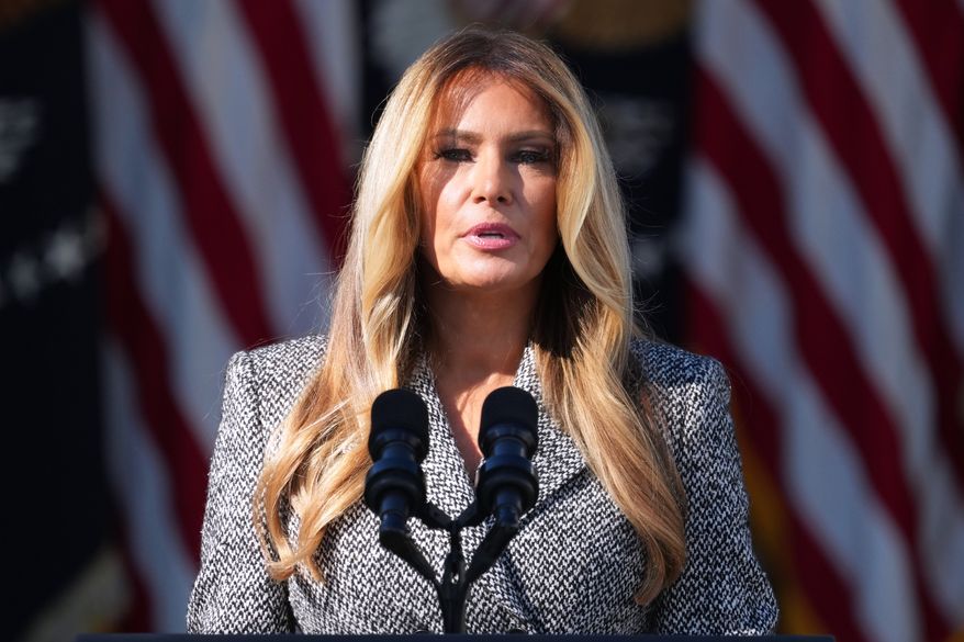 FILE - First lady Melania Trump speaks in the Rose Garden of the White House, Oct. 19, 2026, in Washington. (AP Photo/Mark Schiefelbein, File)