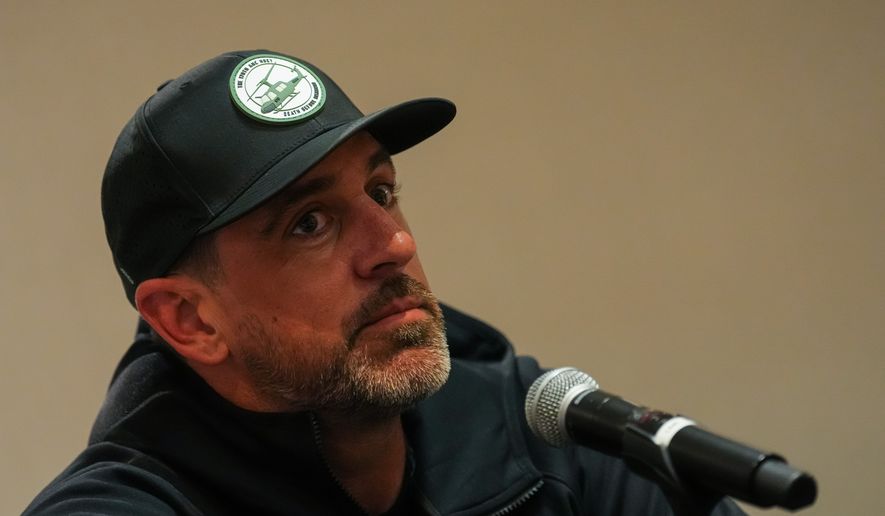 Pittsburgh Steelers quarterback Aaron Rodgers speaks during a press conference in Paris, Friday, Oct. 23, 2026. (AP Photo/Aurelien Morissard)