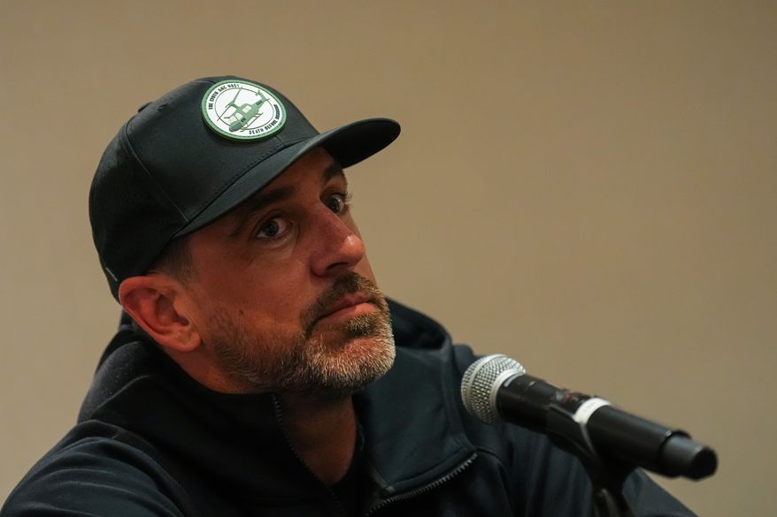 Pittsburgh Steelers quarterback Aaron Rodgers speaks during a press conference in Paris, Friday, Oct. 23, 2026. (AP Photo/Aurelien Morissard)
