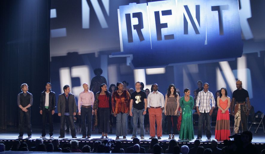 The original cast of "Rent" appears on stage at the 62nd Annual Tony Awards in New York, Sunday, June 15, 2008. (AP Photo/Jeff Christensen, File)