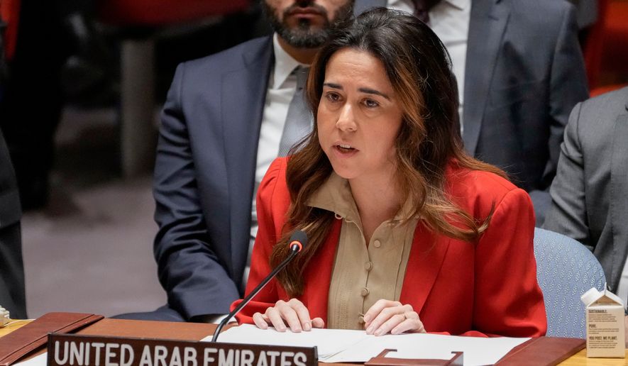 Lana Zaki Nusseibeh, Permanent Representative of the United Arab Emirates to the United Nations, speaks during a Security Council meeting, Thursday, Feb. 23, 2023, at United Nations headquarters. (AP Photo/John Minchillo, File)