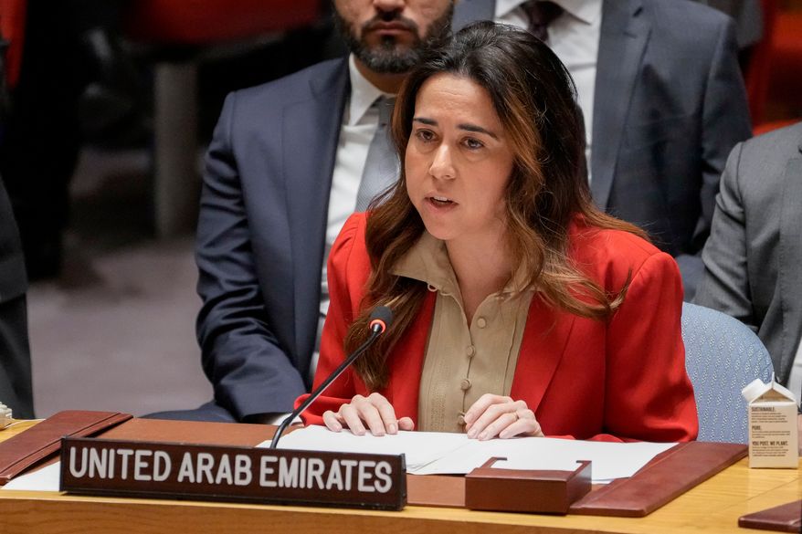 Lana Zaki Nusseibeh, Permanent Representative of the United Arab Emirates to the United Nations, speaks during a Security Council meeting, Thursday, Feb. 23, 2023, at United Nations headquarters. (AP Photo/John Minchillo, File)