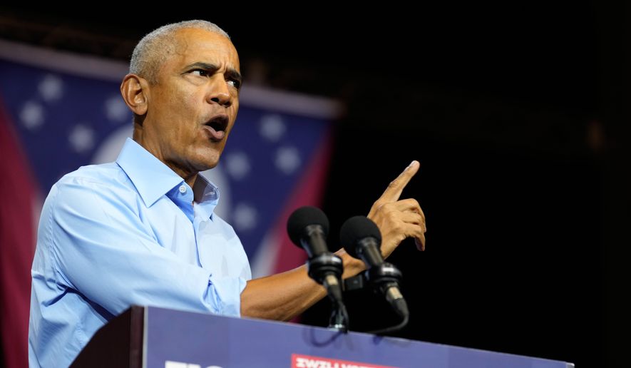 Former President Barack Obama speaks during a campaign rally for Democratic Ohio Senate candidate Sherrod Brown, Saturday, Oct. 24, 2026, in Cleveland. (AP Photo/Sue Ogrocki)