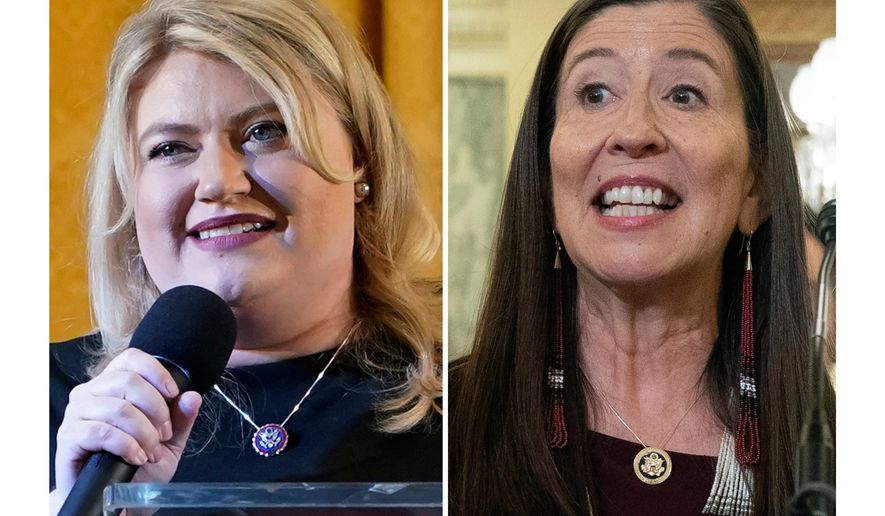 This photo combination shows Rep. Kat Cammack, R.-Fla., left, April 9, 2021, in Doral, Fla. and Rep. Teresa Leger Fernandez D-N.M., Sept. 24, 2024, in Washington. (AP Photo/Marta Lavandier, Jose Luis Magana, File)