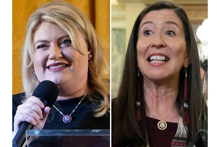 This photo combination shows Rep. Kat Cammack, R.-Fla., left, April 9, 2021, in Doral, Fla. and Rep. Teresa Leger Fernandez D-N.M., Sept. 24, 2024, in Washington. (AP Photo/Marta Lavandier, Jose Luis Magana, File)
