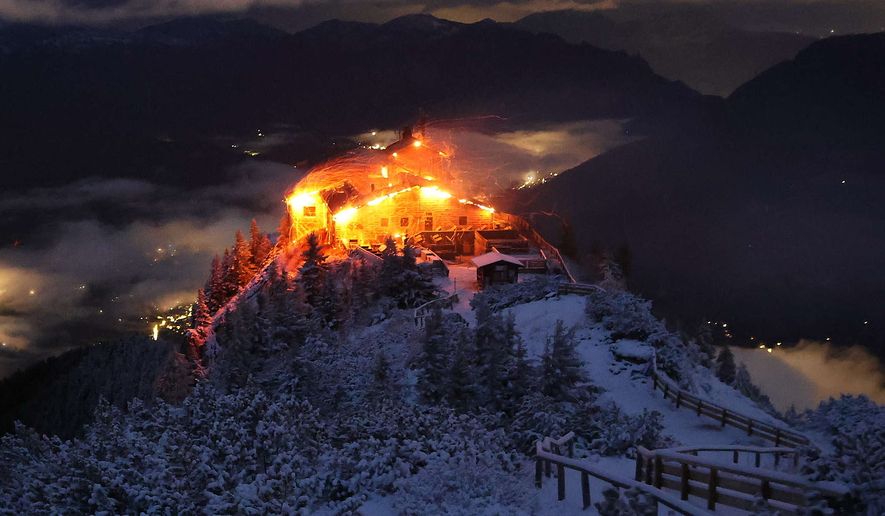 This image distributed by the 'Bergerlebnis Berchtesgaden' shows a building known as the Eagle's Nest built for Adolf Hitler in the Bavarian Alps on fire early Saturday, Oct. 24, 2026. (Bergerlebnis Berchtesgaden via AP)