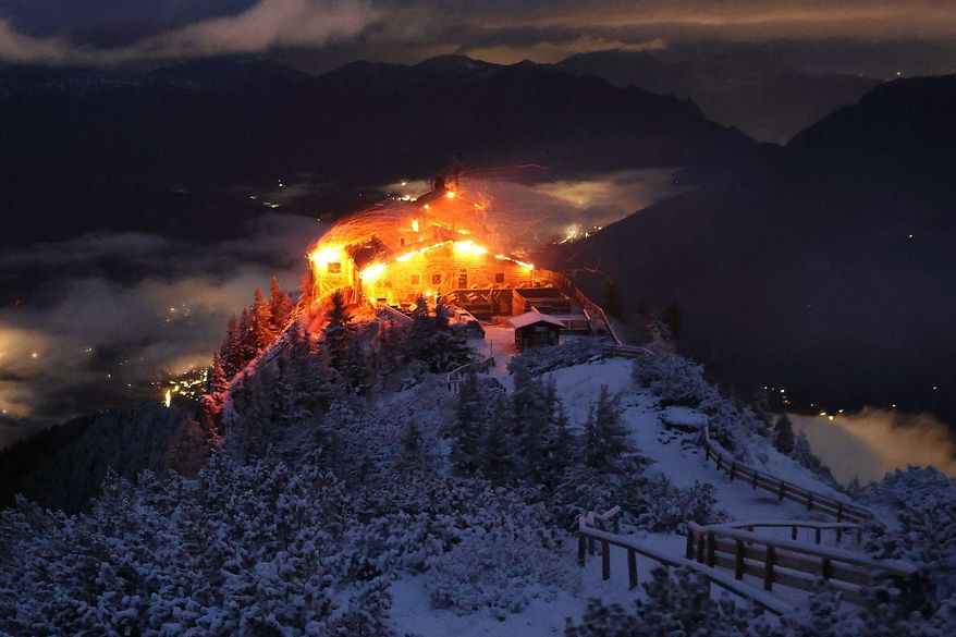 This image distributed by the 'Bergerlebnis Berchtesgaden' shows a building known as the Eagle's Nest built for Adolf Hitler in the Bavarian Alps on fire early Saturday, Oct. 24, 2026. (Bergerlebnis Berchtesgaden via AP)