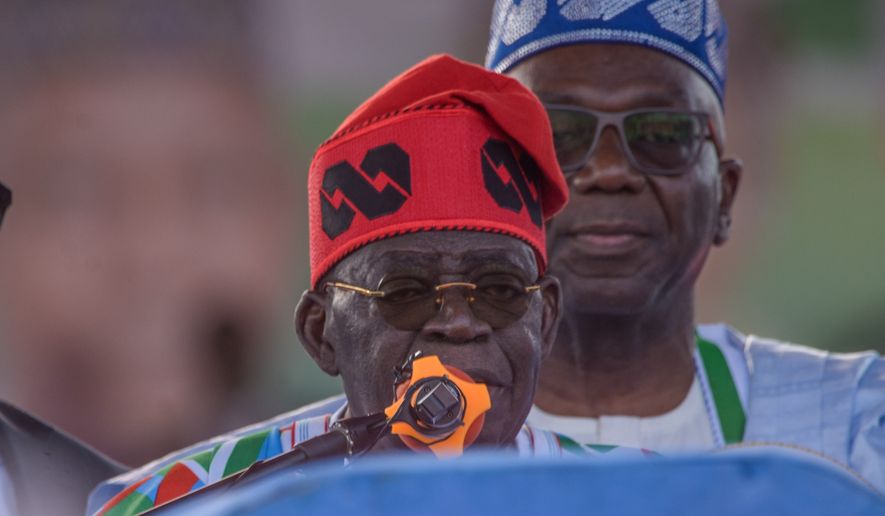 President Bola Tinubu, with the All Progressives Congress Party, speaks during the first election campaign of the season in Kaduna, Nigeria, Saturday, Oct. 24, 2026. (AP Photo/Sani Maikatanga)