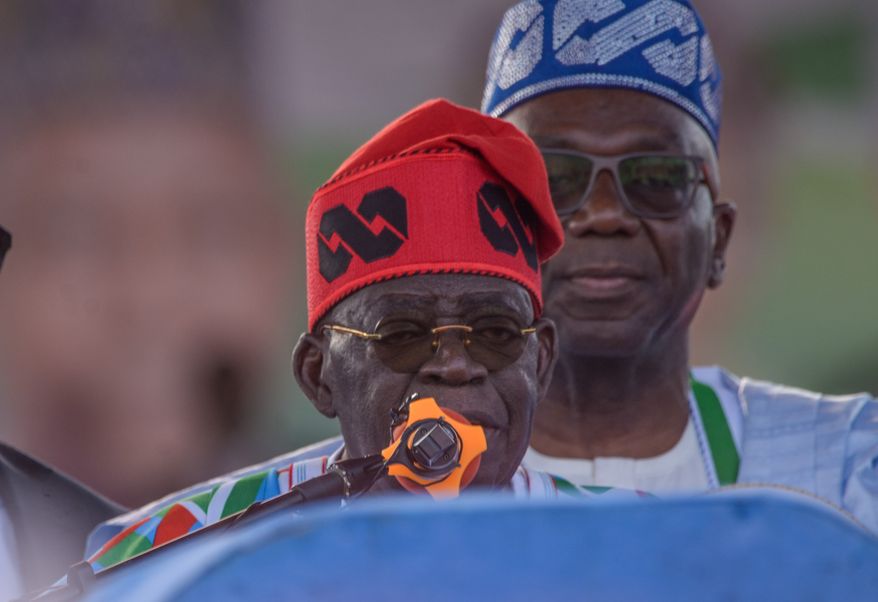 President Bola Tinubu, with the All Progressives Congress Party, speaks during the first election campaign of the season in Kaduna, Nigeria, Saturday, Oct. 24, 2026. (AP Photo/Sani Maikatanga)