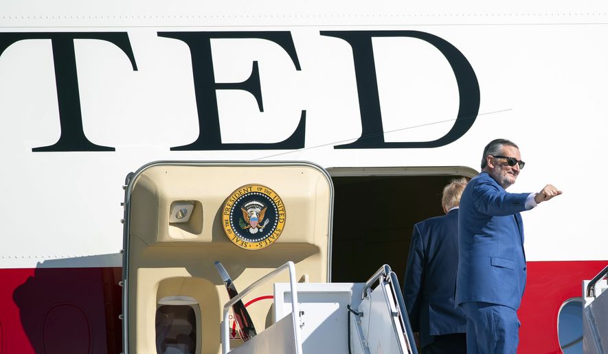 Sen. Ted Cruz, R-Texas, boards Air Force One at Joint Base Andrews, Md., Wednesday, Oct. 7, 2026. (AP Photo/Cliff Owen)