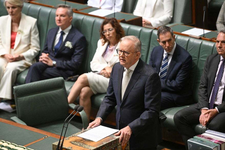 Australian Prime Minister Anthony Albanese pays tribute to independent lawmaker Helen Haines, who was critically injured on Oct. 19 when a driver struck her with a vehicle, at Parliament House in Canberra, Australia, Monday, Oct. 26, 2026. (Lukas Coch/AAP Image via AP)