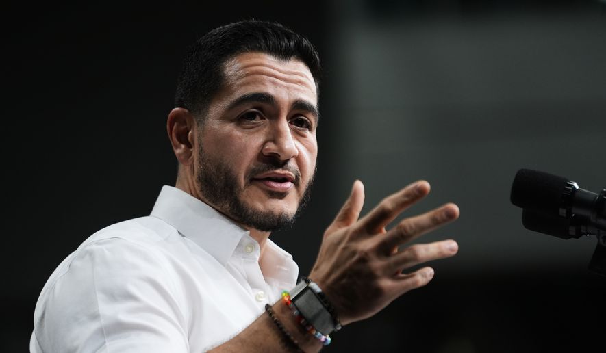 Michigan Democratic nominee for U.S. Senate Abdul El-Sayed, speaks to supporters during a campaign rally at Cass Technical High School Saturday, Oct. 24, 2026, in Detroit.(AP Photo/Paul Sancya)