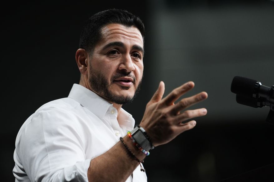 Michigan Democratic nominee for U.S. Senate Abdul El-Sayed, speaks to supporters during a campaign rally at Cass Technical High School Saturday, Oct. 24, 2026, in Detroit.(AP Photo/Paul Sancya)