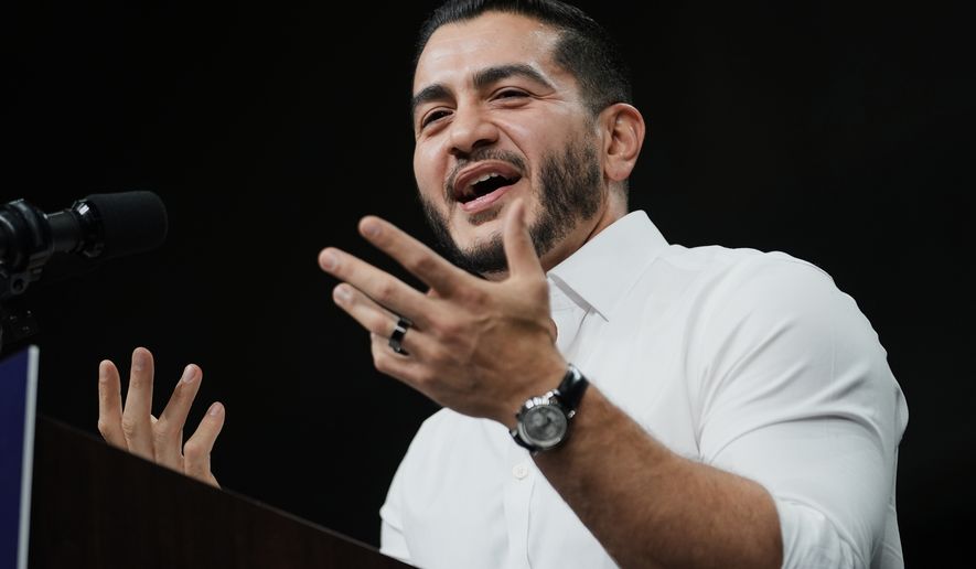 Michigan Democratic candidate, for U.S. Senate Abdul El-Sayed, speaks to supporters during a campaign rally at Cass Technical High School Saturday, Oct. 24, 2026, in Detroit.(AP Photo/Paul Sancya)
