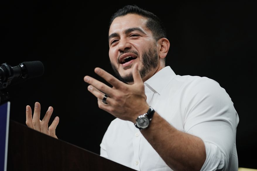 Michigan Democratic candidate, for U.S. Senate Abdul El-Sayed, speaks to supporters during a campaign rally at Cass Technical High School Saturday, Oct. 24, 2026, in Detroit.(AP Photo/Paul Sancya)
