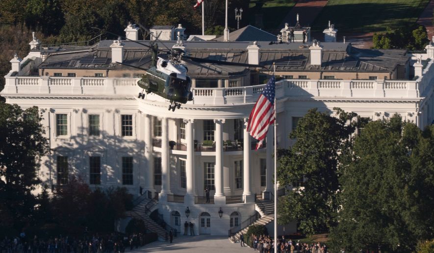 Marine One, carrying President Donald Trump, lifts off from the South Lawn at the White House, Thursday, Oct. 22, 2026, in Washington. (AP Photo/Manuel Balce Ceneta)
