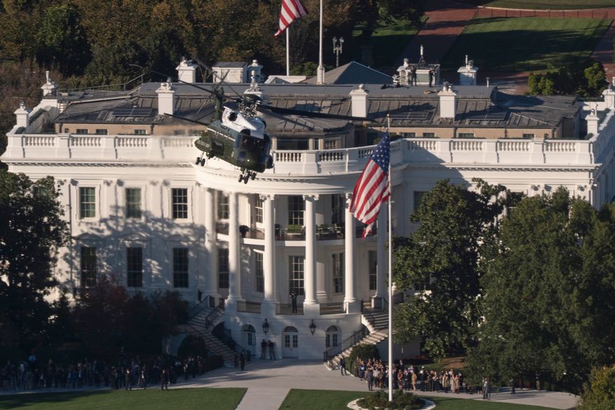 Marine One, carrying President Donald Trump, lifts off from the South Lawn at the White House, Thursday, Oct. 22, 2026, in Washington. (AP Photo/Manuel Balce Ceneta)