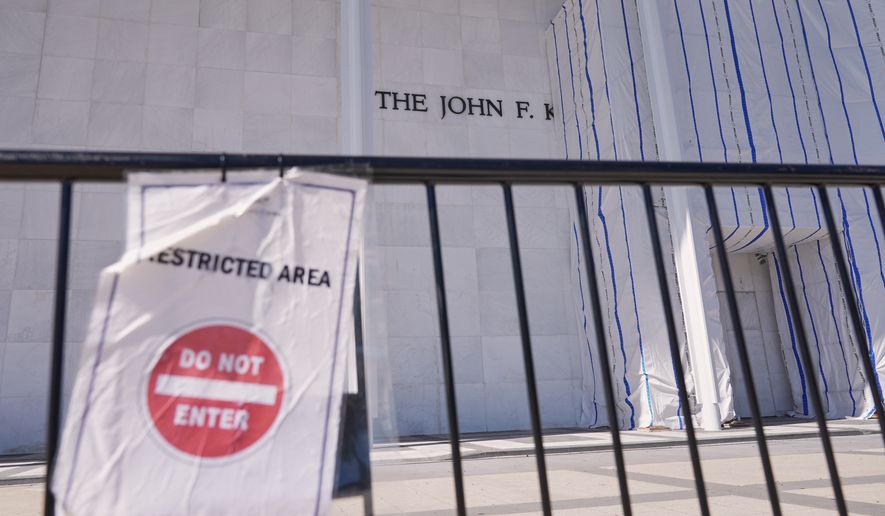 The John F. Kennedy Center for the Performing Arts is seen, Thursday, Oct. 8, 2026, in Washington. (AP Photo/Mariam Zuhaib)