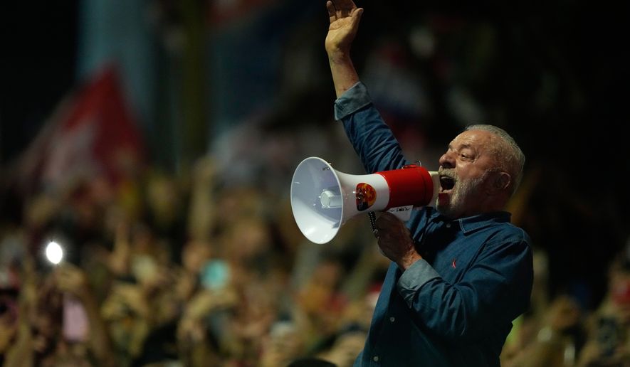 President Luiz Inacio Lula da Silva addresses supporters during a victory rally after winning a fourth term in the presidential runoff on Paulista Avenue in Sao Paulo, Brazil, Sunday, Oct. 25, 2026. (AP Photo/Natacha Pisarenko)
