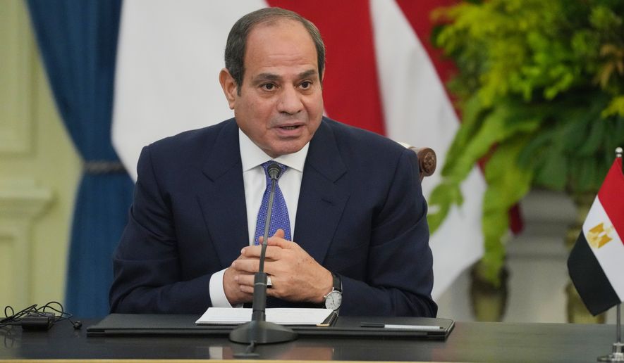 Egypt's President Abdel-Fattah el-Sissi speaks during a joint press conference with his Indonesian counterpart Prabowo Subianto following their meeting at Merdeka Palace in Jakarta, Indonesia, Sunday, Oct. 11, 2026. (AP Photo/Tatan Syuflana)